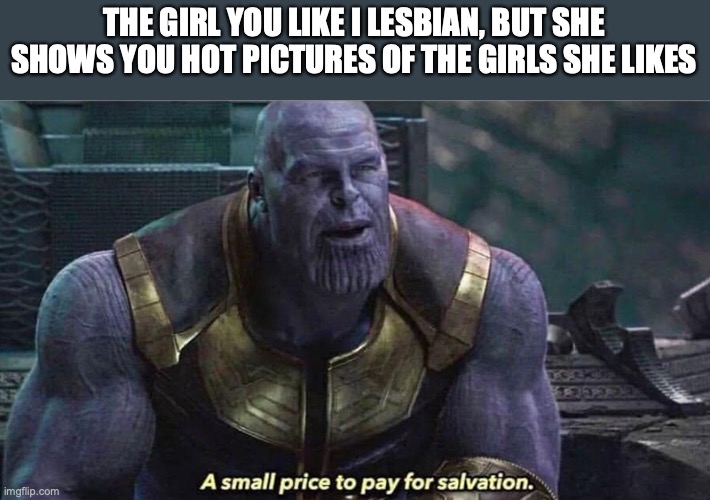 A Small price to pay......... | THE GIRL YOU LIKE I LESBIAN, BUT SHE SHOWS YOU HOT PICTURES OF THE GIRLS SHE LIKES | image tagged in a small price to pay for salvation | made w/ Imgflip meme maker