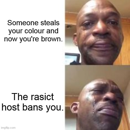 At least 2 Among Us punks | Someone steals your colour and now you're brown. The rasict host bans you. | image tagged in crying black man | made w/ Imgflip meme maker