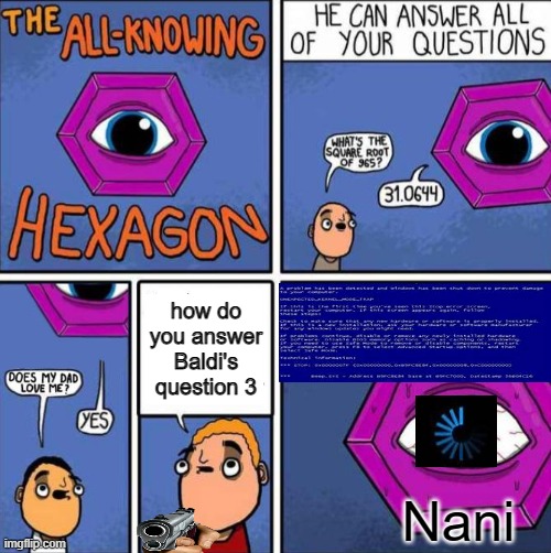 All knowing hexagon (ORIGINAL) | how do you answer Baldi's question 3; Nani | image tagged in all knowing hexagon original | made w/ Imgflip meme maker