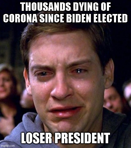 crying peter parker | THOUSANDS DYING OF CORONA SINCE BIDEN ELECTED LOSER PRESIDENT | image tagged in crying peter parker | made w/ Imgflip meme maker