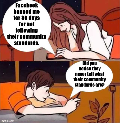 texting | Facebook banned me for 30 days for not following their community standards. Did you notice they never tell what their community standards are? | image tagged in boy and girl texting,facebook | made w/ Imgflip meme maker
