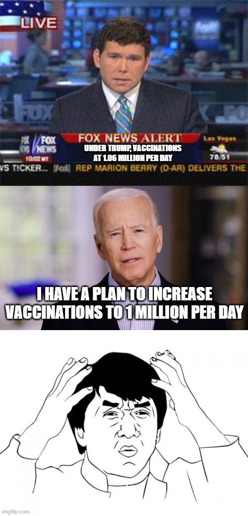 He's been using some of that Obama math. | UNDER TRUMP, VACCINATIONS AT 1.06 MILLION PER DAY; I HAVE A PLAN TO INCREASE VACCINATIONS TO 1 MILLION PER DAY | image tagged in joe biden 2020,jackie chan wtf,politics,coronavirus,covid 19,stupid liberals | made w/ Imgflip meme maker