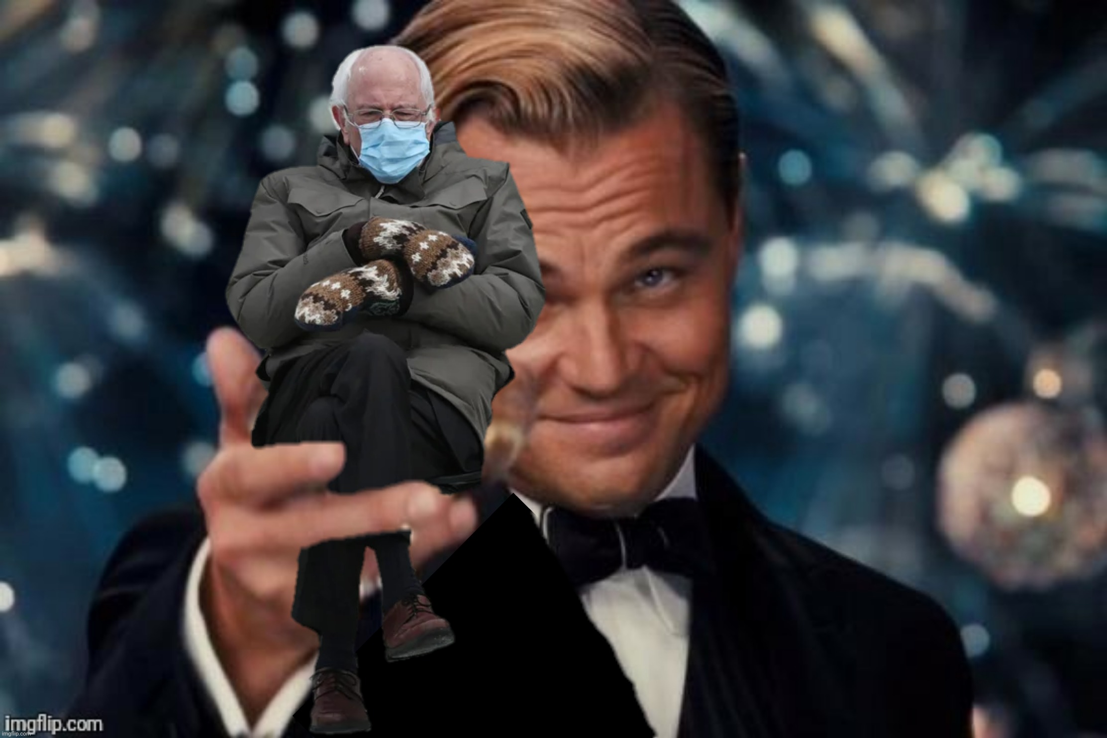 Bad Photoshop Sunday presents:  Bottoms up | image tagged in bad photoshop sunday,bernie sanders,leonardo dicaprio cheers | made w/ Imgflip meme maker