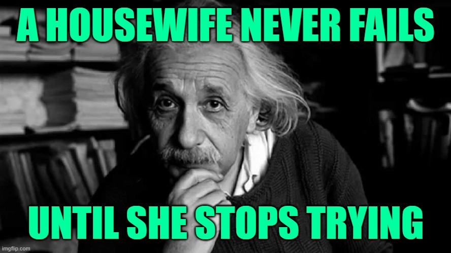 Housewife Einstein | A HOUSEWIFE NEVER FAILS; UNTIL SHE STOPS TRYING | image tagged in albert einstein,quotes,housewife,so true memes,inspiring,marriage | made w/ Imgflip meme maker