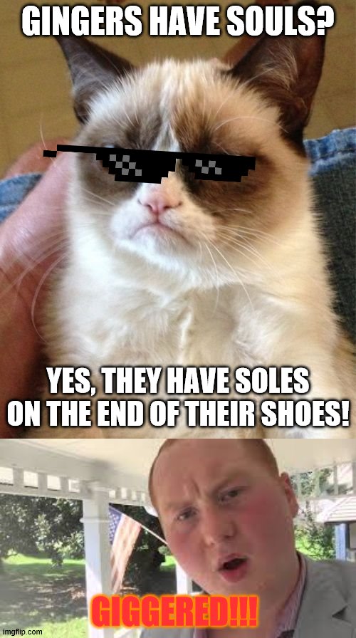 Giggered soul | GINGERS HAVE SOULS? YES, THEY HAVE SOLES ON THE END OF THEIR SHOES! GIGGERED!!! | image tagged in memes,grumpy cat | made w/ Imgflip meme maker