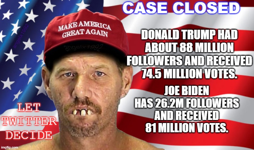 So I guess it's case closed. | CASE CLOSED; DONALD TRUMP HAD ABOUT 88 MILLION FOLLOWERS AND RECEIVED 74.5 MILLION VOTES. JOE BIDEN HAS 26.2M FOLLOWERS AND RECEIVED 81 MILLION VOTES. LET
TWITTER
DECIDE | image tagged in magat | made w/ Imgflip meme maker