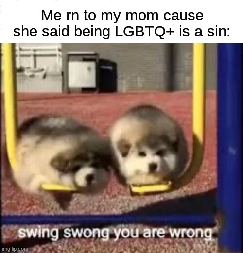 She doesn't know I'm Bi- | Me rn to my mom cause she said being LGBTQ+ is a sin: | image tagged in swing swong you are wrong | made w/ Imgflip meme maker