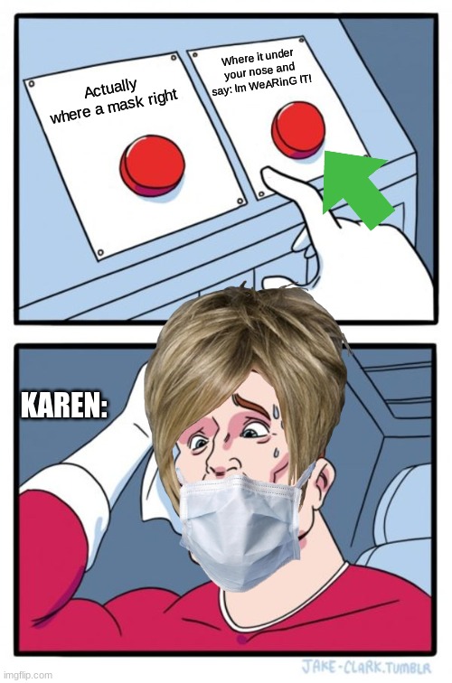 Karen's Are STUPID | Where it under your nose and say: Im WeARinG IT! Actually where a mask right; KAREN: | image tagged in memes,two buttons | made w/ Imgflip meme maker