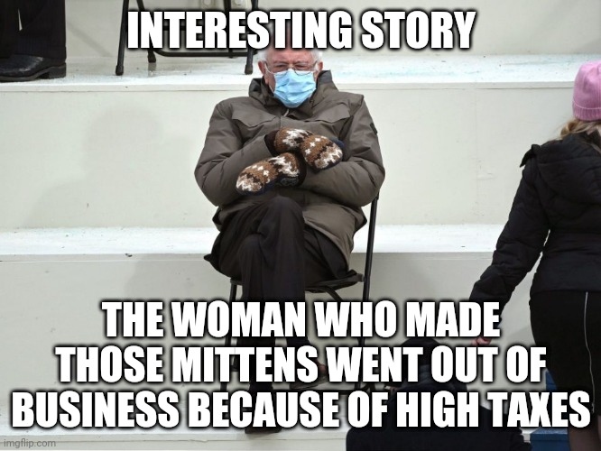 Bernie Sanders Mittens | INTERESTING STORY; THE WOMAN WHO MADE THOSE MITTENS WENT OUT OF BUSINESS BECAUSE OF HIGH TAXES | image tagged in bernie sanders mittens | made w/ Imgflip meme maker