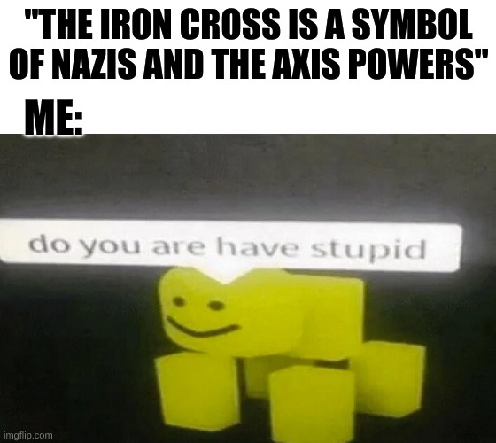 i hate people. | "THE IRON CROSS IS A SYMBOL OF NAZIS AND THE AXIS POWERS"; ME: | image tagged in do you are have stupid | made w/ Imgflip meme maker