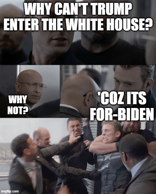 lmao | WHY CAN'T TRUMP ENTER THE WHITE HOUSE? 'COZ ITS FOR-BIDEN; WHY NOT? | image tagged in captain america elevator | made w/ Imgflip meme maker