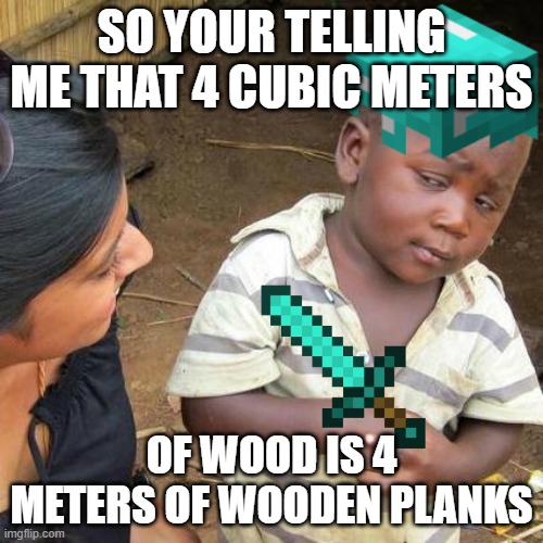 IDK | SO YOUR TELLING ME THAT 4 CUBIC METERS; OF WOOD IS 4 METERS OF WOODEN PLANKS | image tagged in minecraft | made w/ Imgflip meme maker