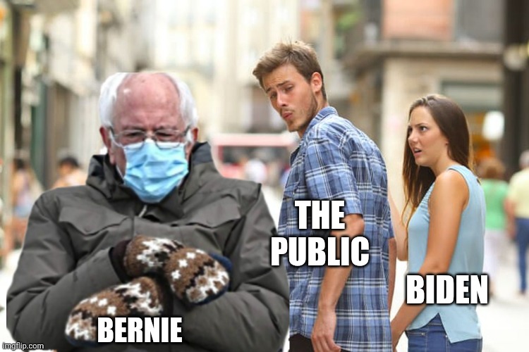 Ouch | THE PUBLIC; BIDEN; BERNIE | image tagged in joe biden,bernie mittens,distracted boyfriend | made w/ Imgflip meme maker