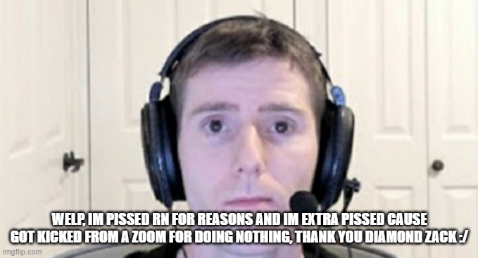 dead inside youtuber | WELP, IM PISSED RN FOR REASONS AND IM EXTRA PISSED CAUSE GOT KICKED FROM A ZOOM FOR DOING NOTHING, THANK YOU DIAMOND ZACK :/ | image tagged in dead inside youtuber | made w/ Imgflip meme maker