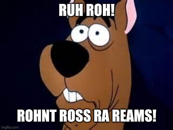 Scooby Doo Surprised | RUH ROH! ROHNT ROSS RA REAMS! | image tagged in scooby doo surprised | made w/ Imgflip meme maker