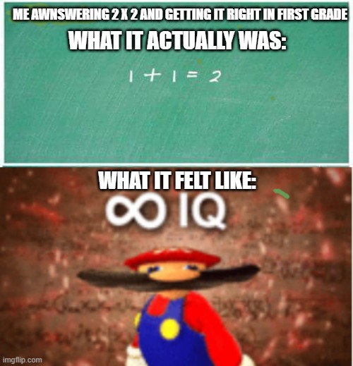 ME AWNSWERING 2 X 2 AND GETTING IT RIGHT IN FIRST GRADE; WHAT IT ACTUALLY WAS:; WHAT IT FELT LIKE: | image tagged in 1 1 2,infinite iq | made w/ Imgflip meme maker