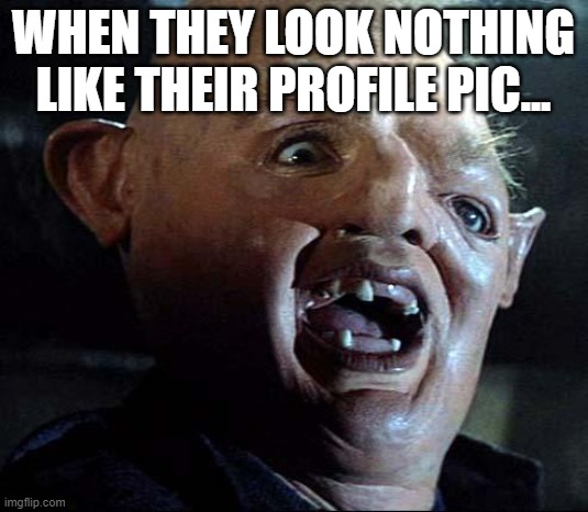 catfish | WHEN THEY LOOK NOTHING LIKE THEIR PROFILE PIC... | image tagged in sloth goonies | made w/ Imgflip meme maker
