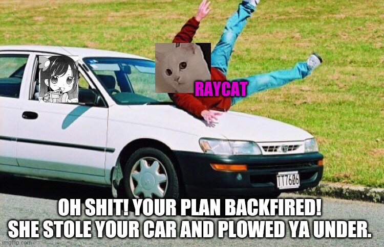 Guy run over by car | RAYCAT OH SHIT! YOUR PLAN BACKFIRED! SHE STOLE YOUR CAR AND PLOWED YA UNDER. | image tagged in guy run over by car | made w/ Imgflip meme maker