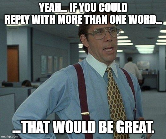 short reply | YEAH... IF YOU COULD REPLY WITH MORE THAN ONE WORD... ...THAT WOULD BE GREAT. | image tagged in yeah if you could | made w/ Imgflip meme maker