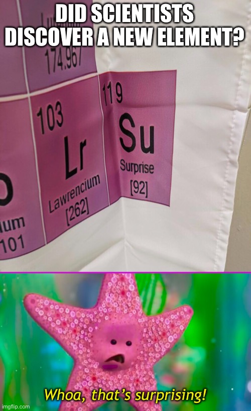 The Element of Surprise | DID SCIENTISTS DISCOVER A NEW ELEMENT? Whoa, that’s surprising! | image tagged in funny memes,bad jokes,eyeroll | made w/ Imgflip meme maker