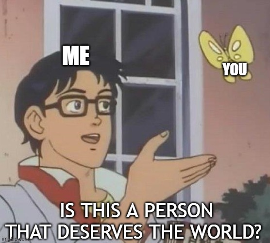 The answer is yes!! How's your day/night so far?? :) | ME; YOU; IS THIS A PERSON THAT DESERVES THE WORLD? | image tagged in memes,is this a pigeon | made w/ Imgflip meme maker