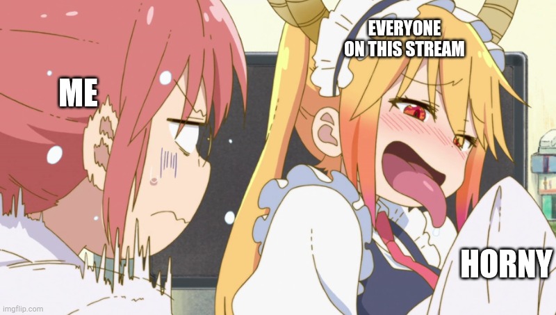 ME; EVERYONE ON THIS STREAM; HORNY | image tagged in tohru and kobayashi | made w/ Imgflip meme maker