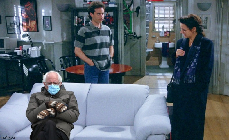 Oops, Elaine sees a little something on Jerry's sofa | image tagged in bernie sanders seinfeld,jerry seinfeld,bernie sanders mittens,bernie meme,humor | made w/ Imgflip meme maker