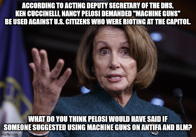The problem when Democrats go so far out on a limb they make fools of themselves. | ACCORDING TO ACTING DEPUTY SECRETARY OF THE DHS, KEN CUCCINELLI, NANCY PELOSI DEMANDED "MACHINE GUNS" BE USED AGAINST U.S. CITIZENS WHO WERE RIOTING AT THE CAPITOL. WHAT DO YOU THINK PELOSI WOULD HAVE SAID IF SOMEONE SUGGESTED USING MACHINE GUNS ON ANTIFA AND BLM? | image tagged in liberal hypocrisy,nancy pelosi,posse comitatus | made w/ Imgflip meme maker
