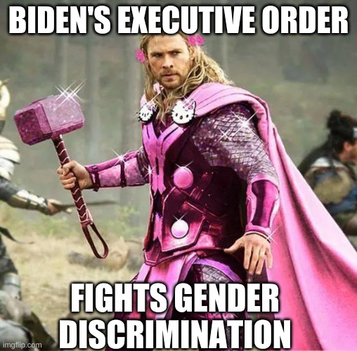 Genderqueer Thor | BIDEN'S EXECUTIVE ORDER FIGHTS GENDER DISCRIMINATION | image tagged in genderqueer thor | made w/ Imgflip meme maker