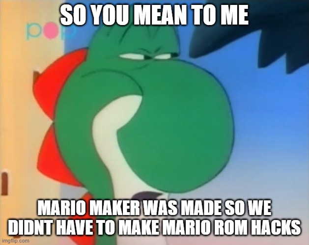 Skeptical Yoshi | SO YOU MEAN TO ME; MARIO MAKER WAS MADE SO WE DIDNT HAVE TO MAKE MARIO ROM HACKS | image tagged in skeptical yoshi | made w/ Imgflip meme maker