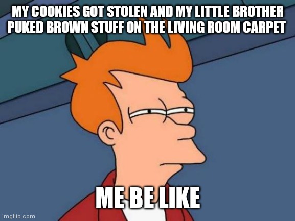 Futurama Fry | MY COOKIES GOT STOLEN AND MY LITTLE BROTHER PUKED BROWN STUFF ON THE LIVING ROOM CARPET; ME BE LIKE | image tagged in memes,futurama fry | made w/ Imgflip meme maker