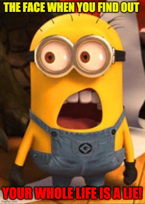 Minion Overwhelmed | THE FACE WHEN YOU FIND OUT; YOUR WHOLE LIFE IS A LIE! | image tagged in minion overwhelmed | made w/ Imgflip meme maker