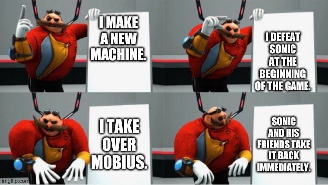 The plot of Sonic Forces in a nutshell | I DEFEAT SONIC AT THE BEGINNING OF THE GAME. I MAKE A NEW MACHINE. I TAKE OVER MOBIUS. SONIC AND HIS FRIENDS TAKE IT BACK IMMEDIATELY. | image tagged in gru's plan eggman | made w/ Imgflip meme maker