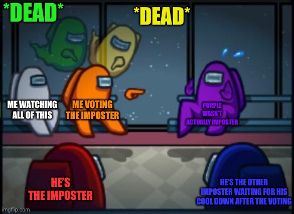 Had to put in repost cause of the submission times sorry if I distracted u in the wrong stream | *DEAD*; *DEAD*; ME WATCHING ALL OF THIS; ME VOTING THE IMPOSTER; PURPLE WASN’T ACTUALLY IMPOSTER; HE’S THE IMPOSTER; HE’S THE OTHER IMPOSTER WAITING FOR HIS COOL DOWN AFTER THE VOTING | image tagged in among us blame | made w/ Imgflip meme maker