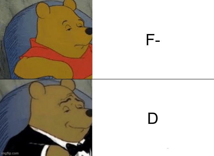 a better grade | F-; D | image tagged in memes,tuxedo winnie the pooh | made w/ Imgflip meme maker