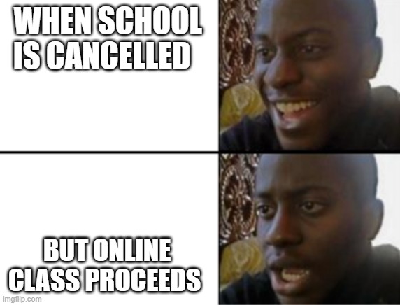 darn it | WHEN SCHOOL IS CANCELLED; BUT ONLINE CLASS PROCEEDS | image tagged in oh yeah oh no | made w/ Imgflip meme maker