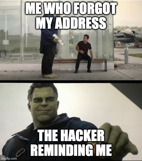 Hulk gives Antman taco | ME WHO FORGOT MY ADDRESS; THE HACKER REMINDING ME | image tagged in hulk gives antman taco | made w/ Imgflip meme maker