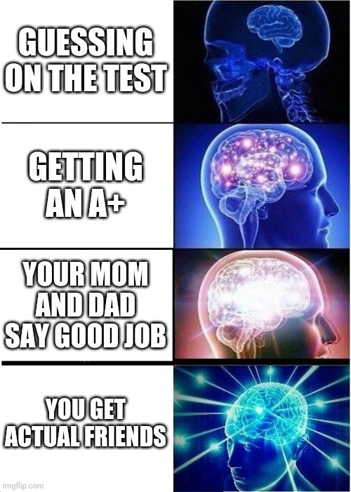 Expanding Brain Meme | GUESSING ON THE TEST; GETTING AN A+; YOUR MOM AND DAD SAY GOOD JOB; YOU GET ACTUAL FRIENDS | image tagged in memes,expanding brain | made w/ Imgflip meme maker