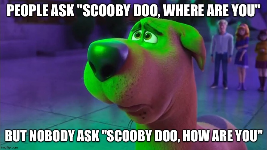 Sad story | PEOPLE ASK "SCOOBY DOO, WHERE ARE YOU"; BUT NOBODY ASK "SCOOBY DOO, HOW ARE YOU" | image tagged in memes,scooby doo | made w/ Imgflip meme maker