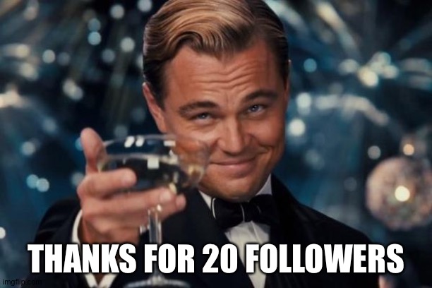 Leonardo Dicaprio Cheers Meme | THANKS FOR 20 FOLLOWERS | image tagged in memes,leonardo dicaprio cheers | made w/ Imgflip meme maker