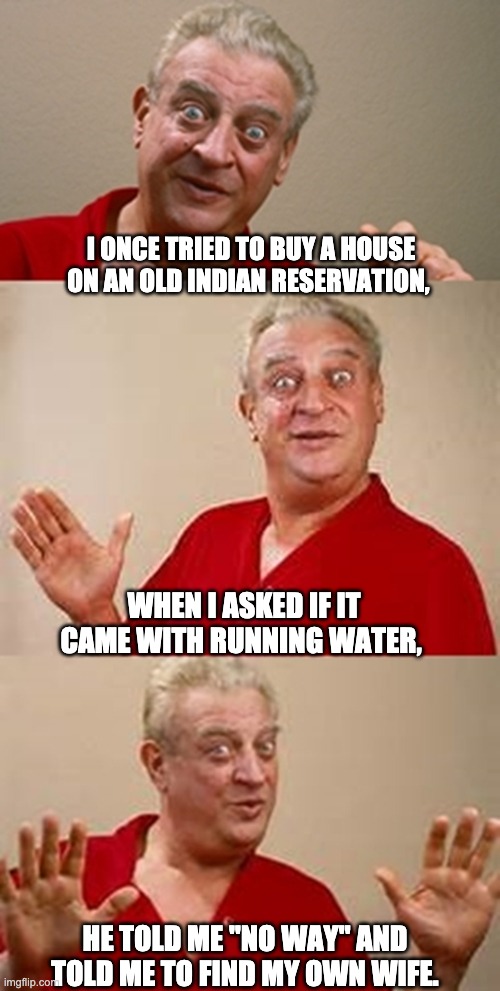 Running water | I ONCE TRIED TO BUY A HOUSE ON AN OLD INDIAN RESERVATION, WHEN I ASKED IF IT CAME WITH RUNNING WATER, HE TOLD ME "NO WAY" AND TOLD ME TO FIND MY OWN WIFE. | image tagged in bad pun dangerfield | made w/ Imgflip meme maker