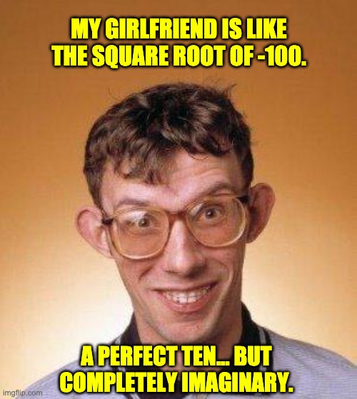 Perfect 10 | MY GIRLFRIEND IS LIKE THE SQUARE ROOT OF -100. A PERFECT TEN… BUT COMPLETELY IMAGINARY. | image tagged in geek | made w/ Imgflip meme maker