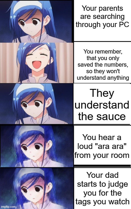 The 2nd generation of weebs will be in for a storm | Your parents are searching through your PC; You remember, that you only saved the numbers, so they won't understand anything; They understand the sauce; You hear a loud "ara ara" from your room; Your dad starts to judge you for the tags you watch | image tagged in happiness to despair | made w/ Imgflip meme maker