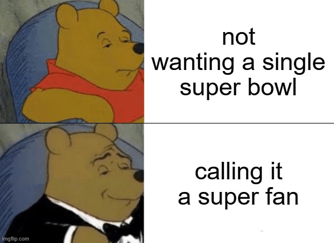 This is a copy of AI without vulgarity... | not wanting a single super bowl; calling it a super fan | image tagged in memes,tuxedo winnie the pooh,swag | made w/ Imgflip meme maker