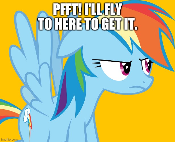 Annoyed Rainbow Dash (MLP) | PFFT! I'LL FLY TO HERE TO GET IT. | image tagged in annoyed rainbow dash mlp | made w/ Imgflip meme maker