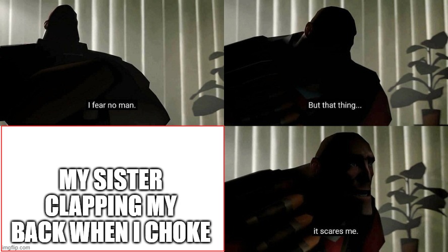 it scares me a lot actually | MY SISTER CLAPPING MY BACK WHEN I CHOKE | image tagged in i fear no man | made w/ Imgflip meme maker