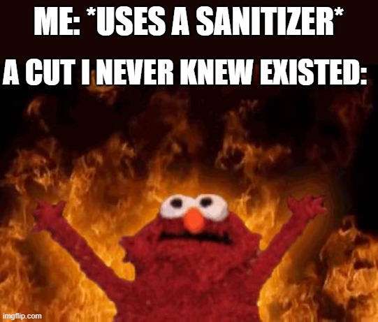 so true | ME: *USES A SANITIZER*; A CUT I NEVER KNEW EXISTED: | image tagged in elmo maligno | made w/ Imgflip meme maker