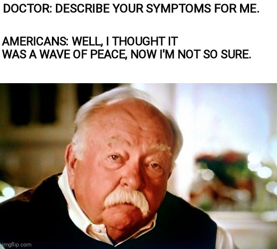 Wilford Brimley | DOCTOR: DESCRIBE YOUR SYMPTOMS FOR ME. AMERICANS: WELL, I THOUGHT IT WAS A WAVE OF PEACE, NOW I'M NOT SO SURE. | image tagged in wilford brimley | made w/ Imgflip meme maker