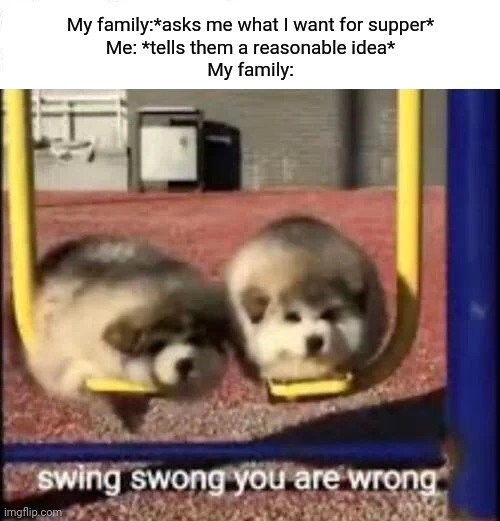 Every single day | My family:*asks me what I want for supper*
Me: *tells them a reasonable idea*
My family: | image tagged in swing swong you are wrong | made w/ Imgflip meme maker