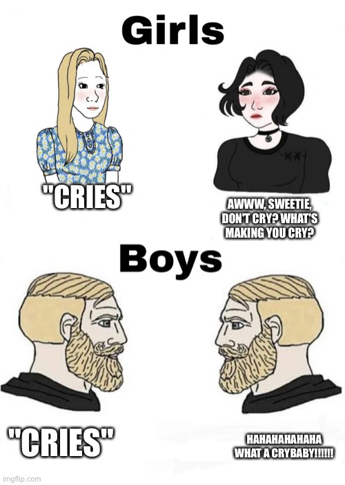 It’s not talking about who is responding, it’s about who is crying. And this is true. | "CRIES"; AWWW, SWEETIE, DON'T CRY? WHAT'S MAKING YOU CRY? "CRIES"; HAHAHAHAHAHA WHAT A CRYBABY!!!!!! | image tagged in girls vs boys,crying | made w/ Imgflip meme maker